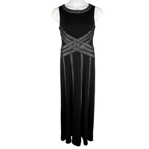 Tadashi Shoji Women M Tall Black Evening Gown Silver Beaded Elegant Jersey Dress - Picture 1 of 16